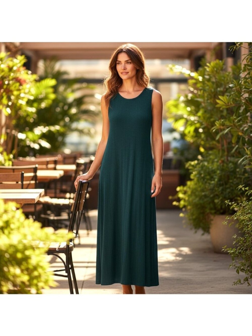Vtg Coldwater Creek Slinky Travel Knit Maxi Dress PL Green Stretch Minimalist